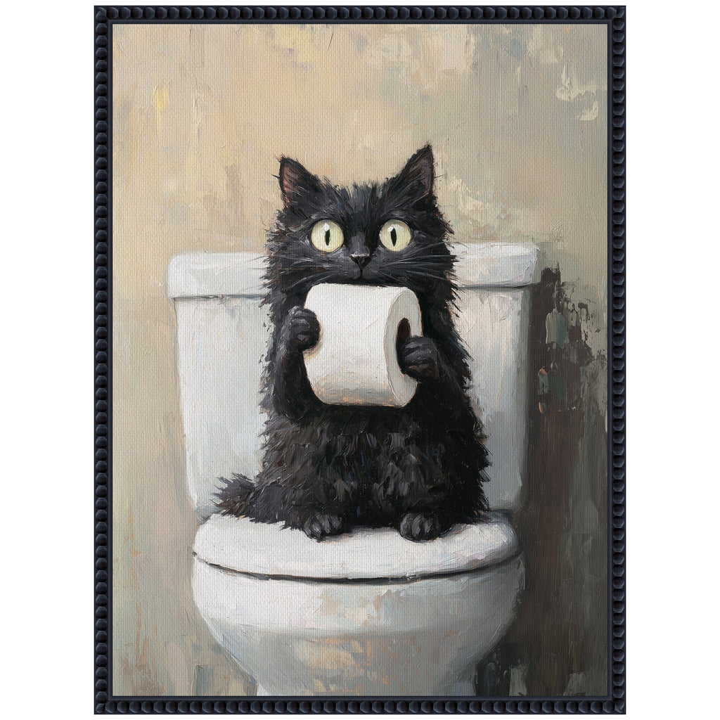 Sylvie Funny Black Cat Toilet Paper Roll Toilet Bathroom Art Framed Canvas by The Creative Bunch Studio
