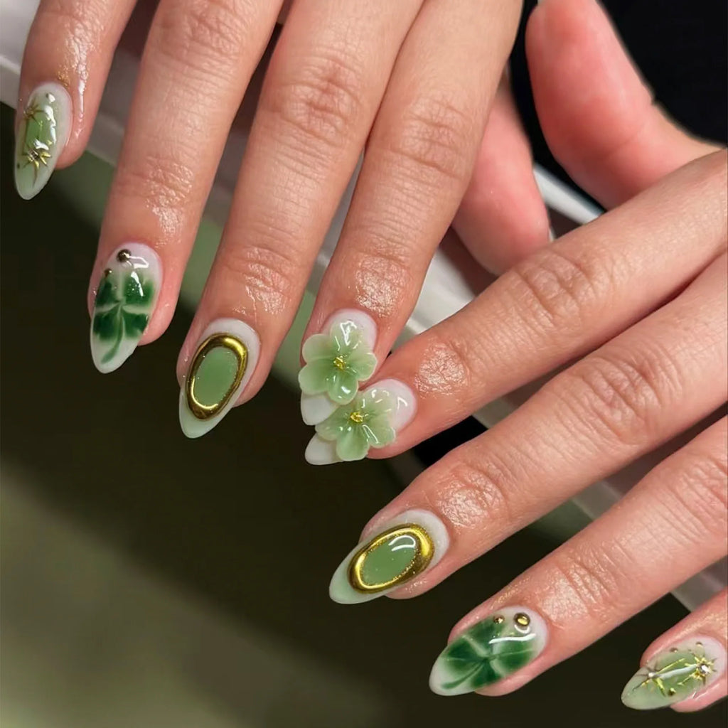 3D Flower French Tip Press On Nails Almond