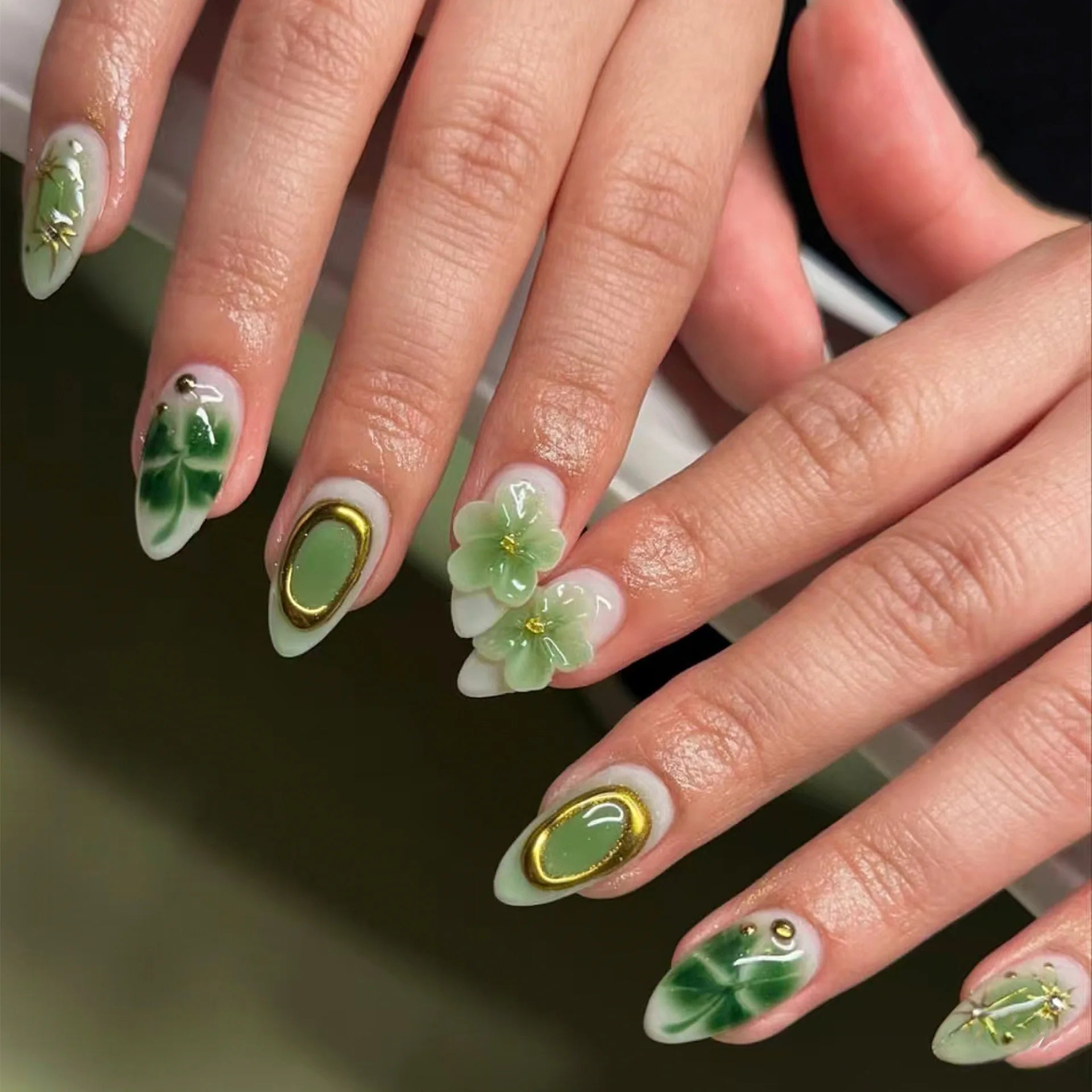3D Flower French Tip Press On Nails Almond