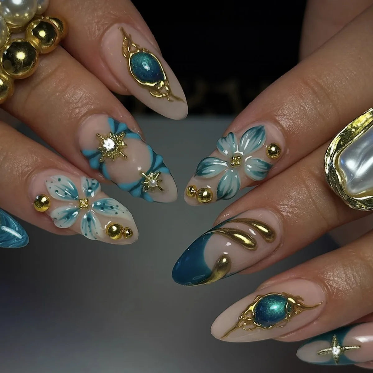 3D Flower French Tip Press On Nails Almond