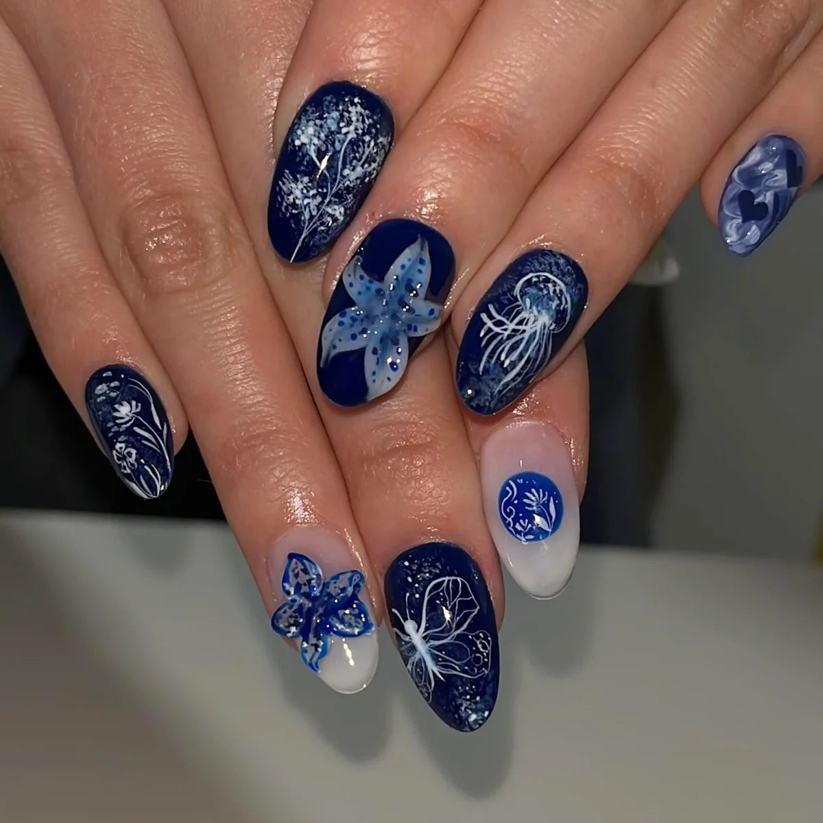 3D Flower French Tip Press On Nails Almond