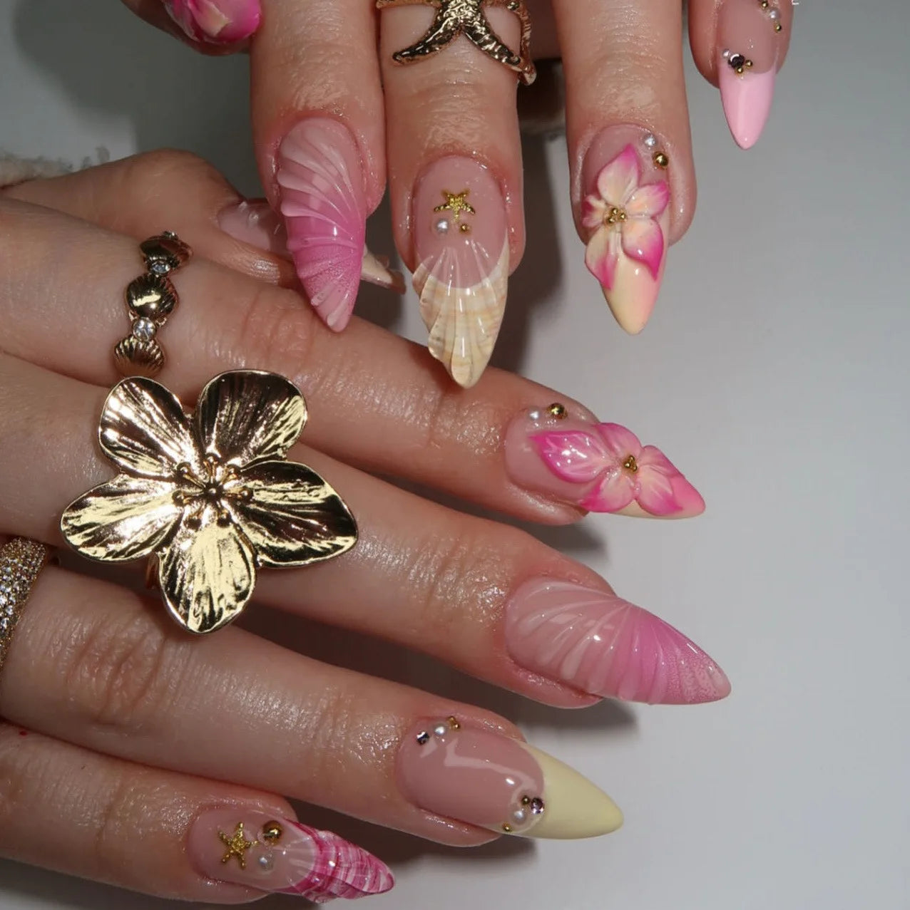 3D Flower French Tip Press On Nails Almond