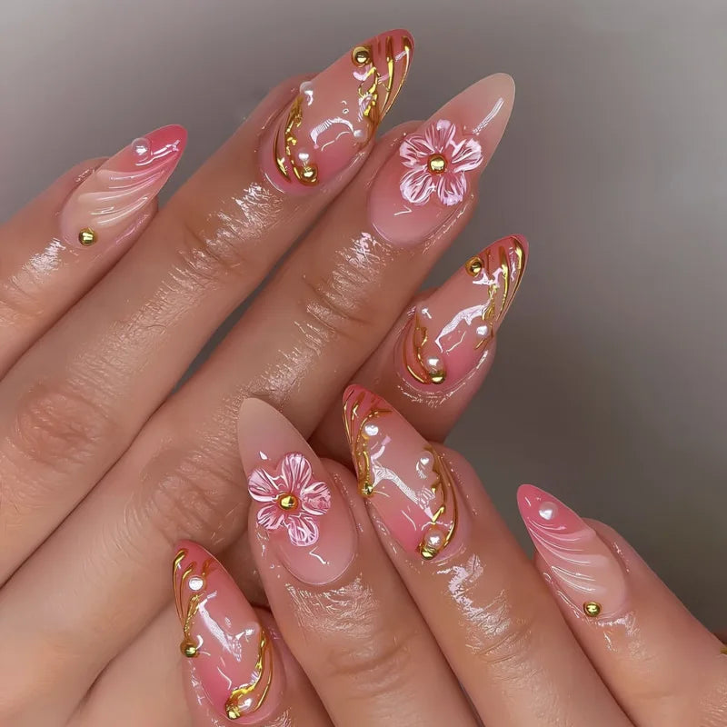 3D Flower French Tip Press On Nails Almond