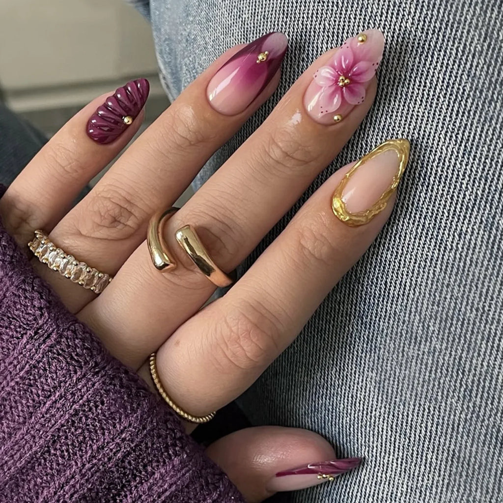 3D Flower French Tip Press On Nails Almond