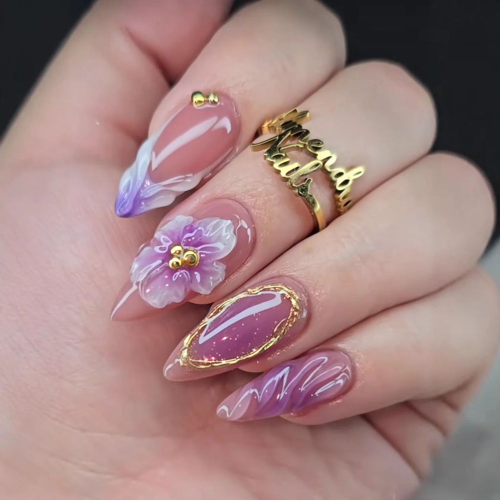 3D Flower French Tip Press On Nails Almond
