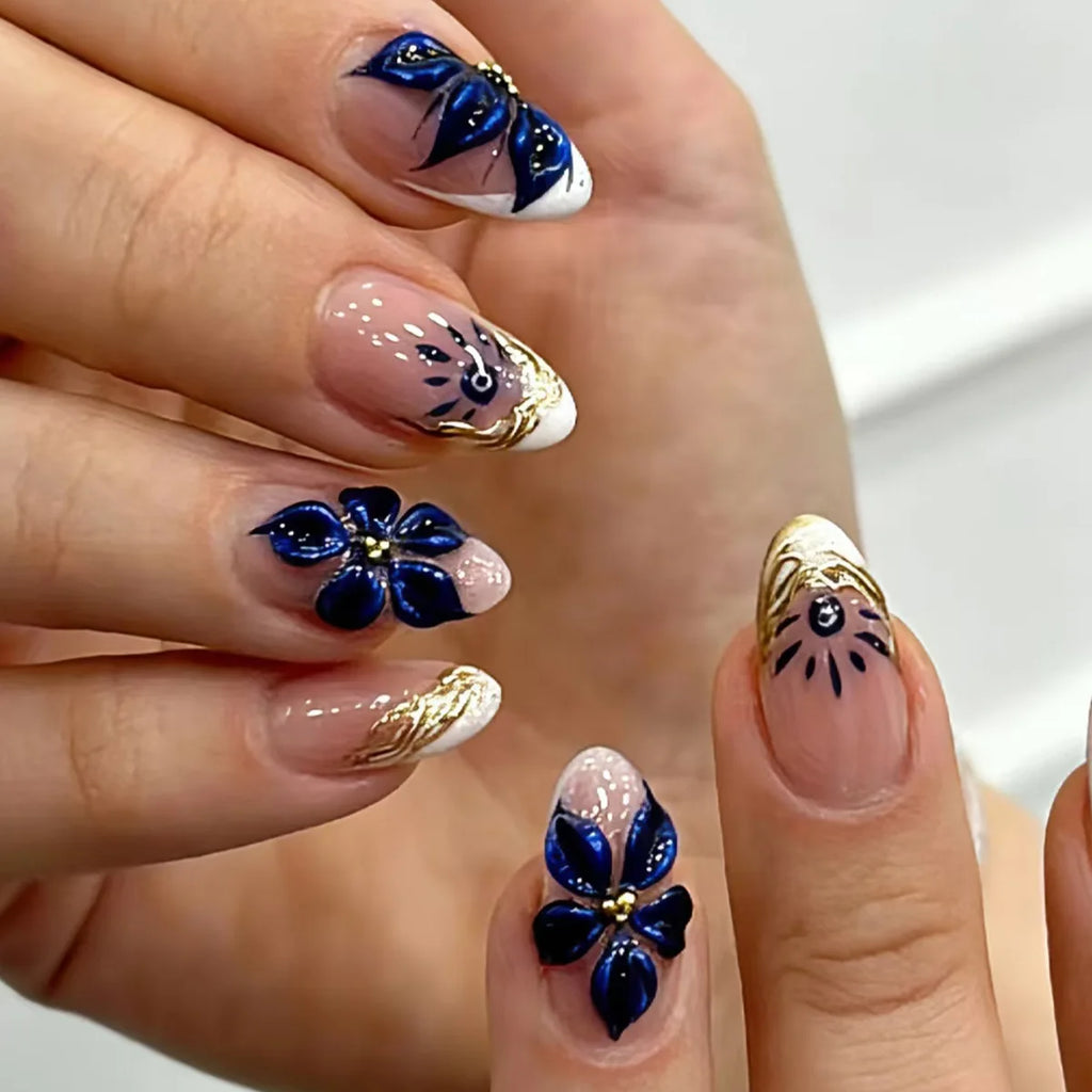 3D Flower French Tip Press On Nails Almond