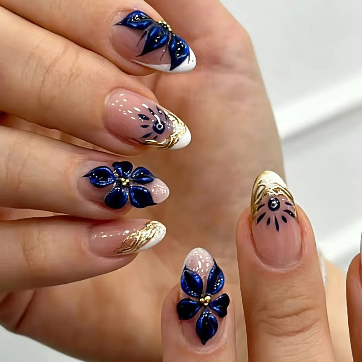3D Flower French Tip Press On Nails Almond