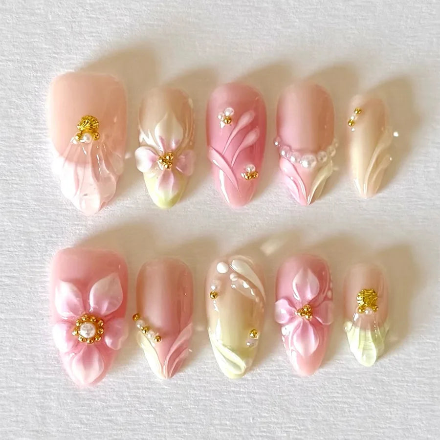 3D Flower French Tip Press On Nails Almond