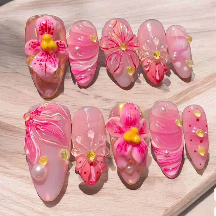 3D Flower French Tip Press On Nails Almond