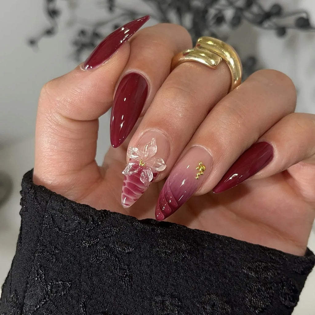 3D Flower French Tip Press On Nails Almond