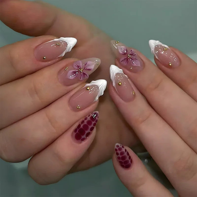 3D Flower French Tip Press On Nails Almond