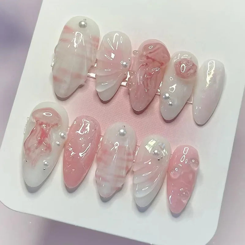 3D Flower French Tip Press On Nails Almond