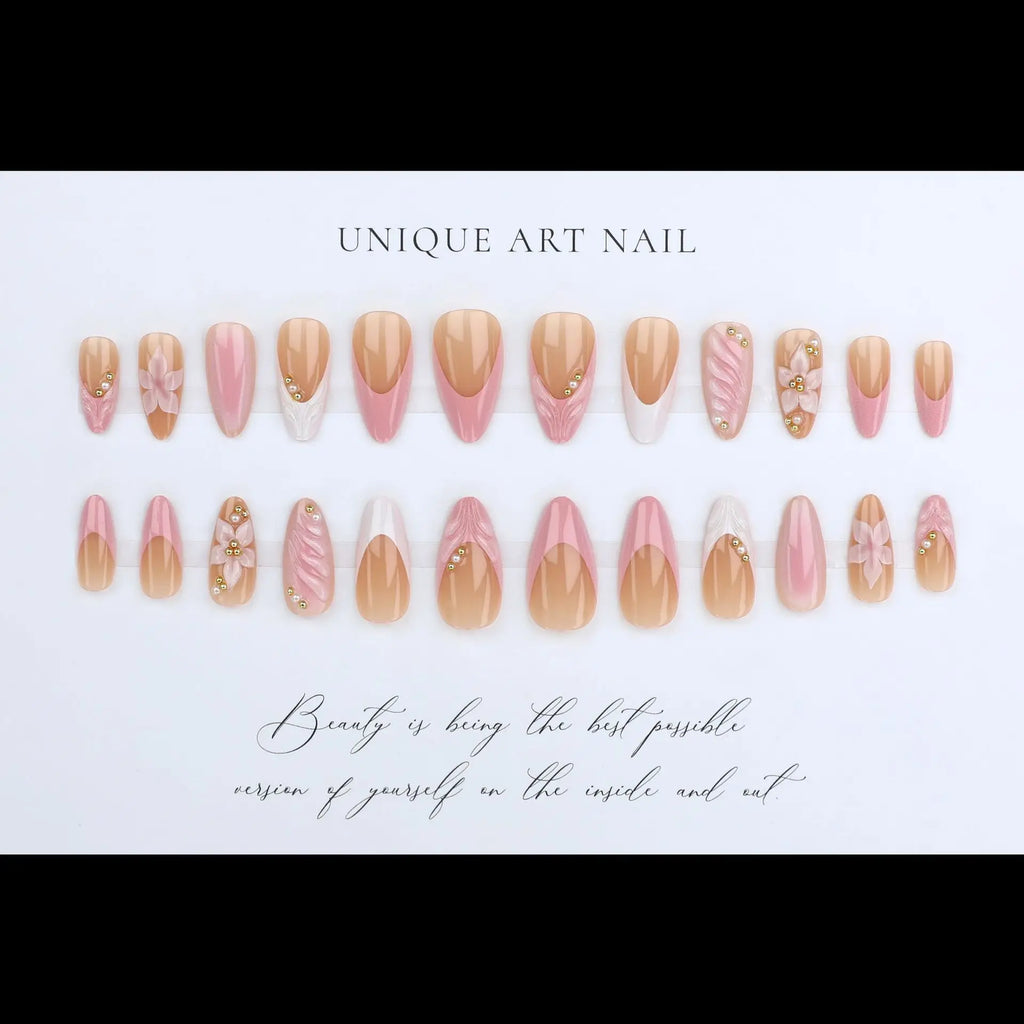 3D Flower French Tip Press On Nails Almond