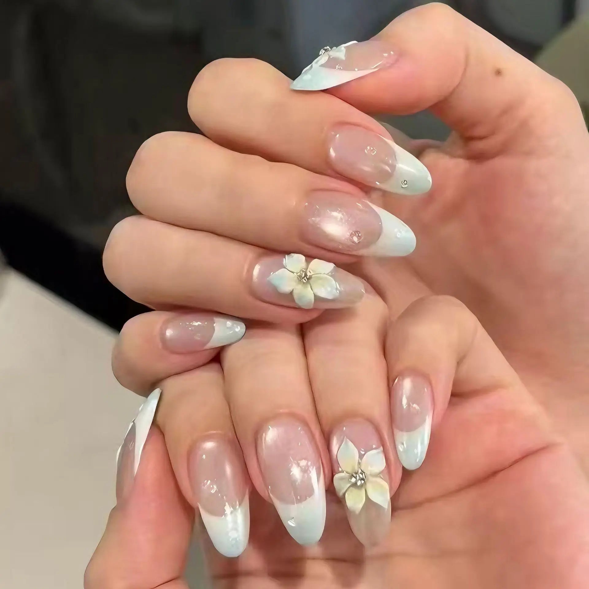3D Flower French Tip Press On Nails Almond