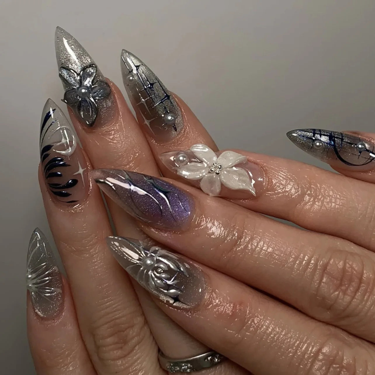 3D Flower French Tip Press On Nails Almond