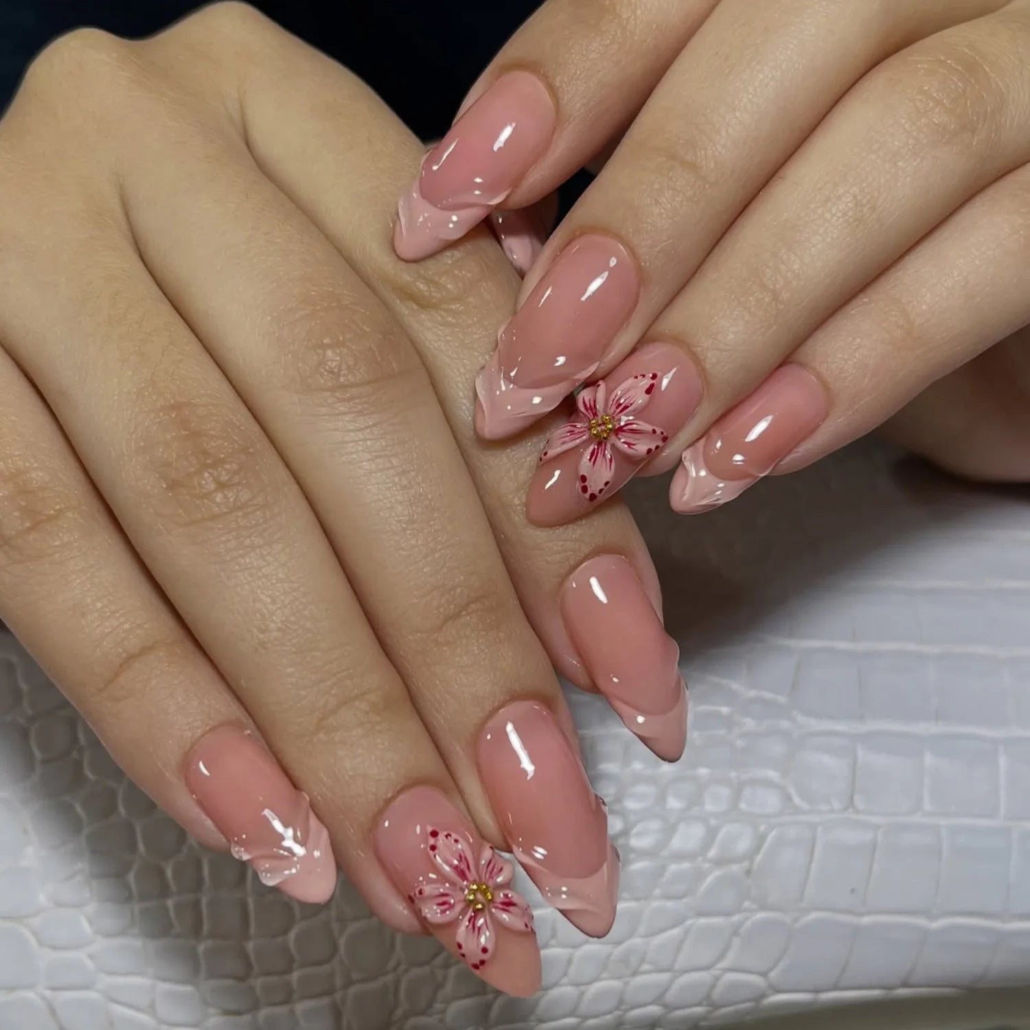 3D Flower French Tip Press On Nails Almond