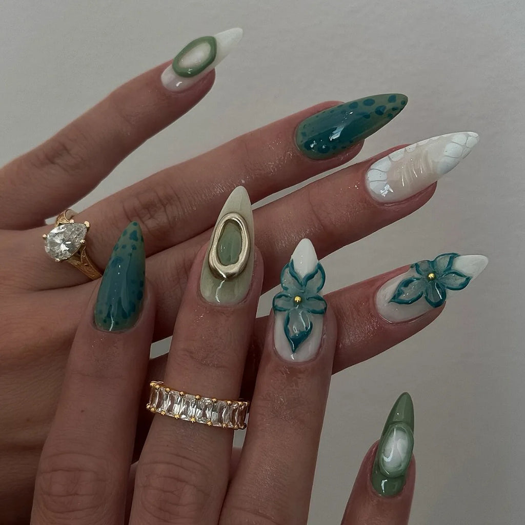 3D Flower French Tip Press On Nails Almond