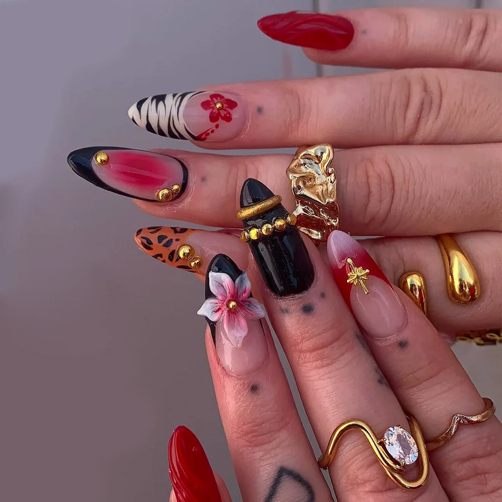 3D Flower French Tip Press On Nails Almond