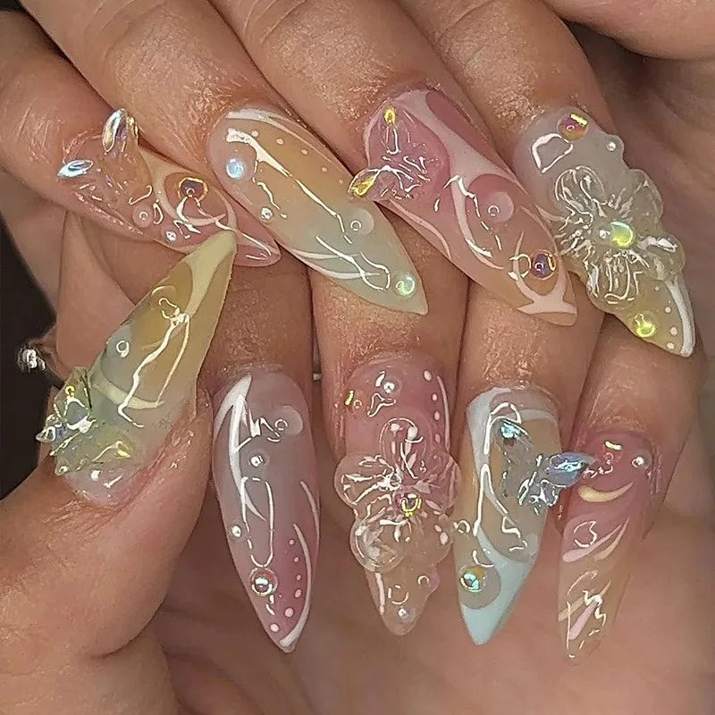 3D Flower French Tip Press On Nails Almond