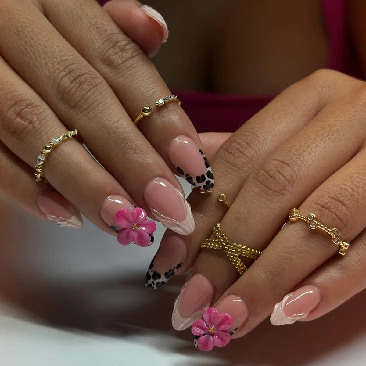 3D Flower French Tip Press On Nails Almond