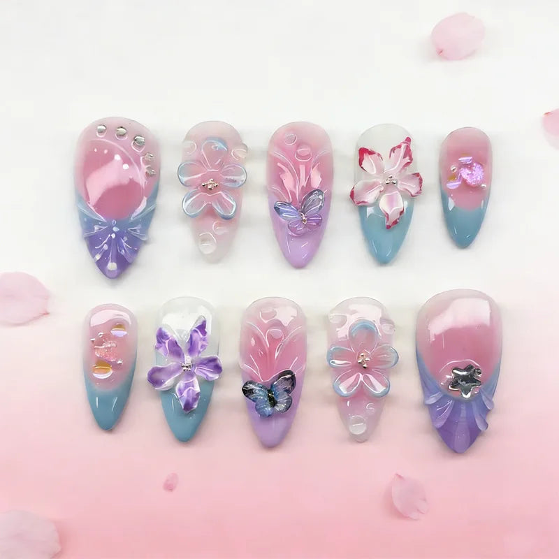 3D Flower French Tip Press On Nails Almond