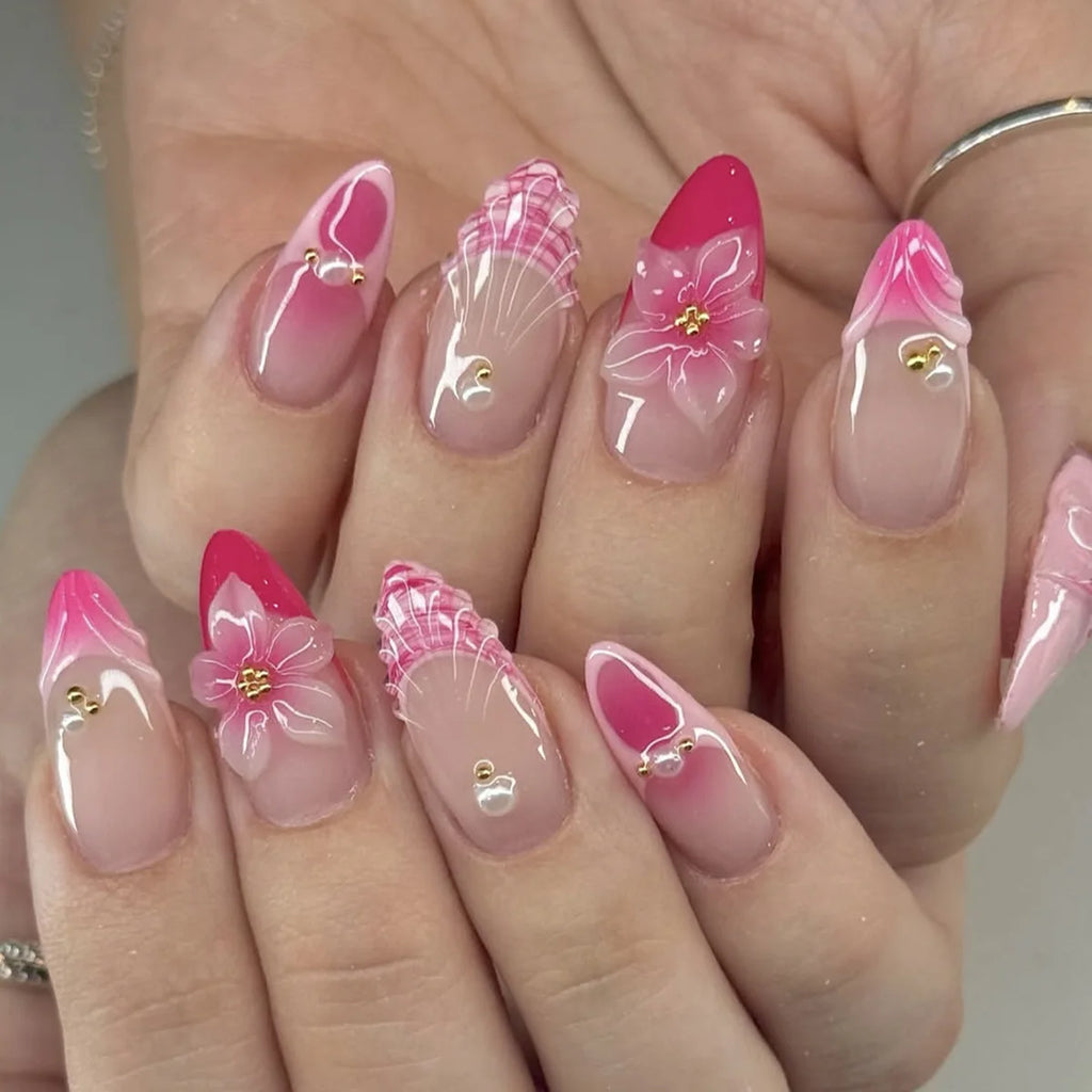 3D Flower French Tip Press On Nails Almond