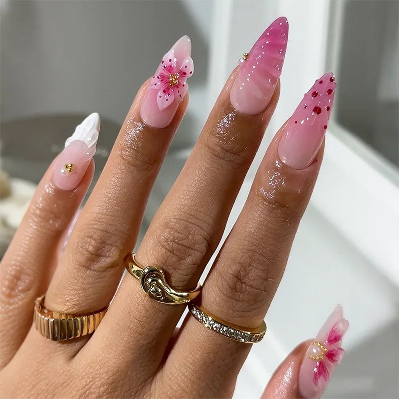 3D Flower French Tip Press On Nails Almond