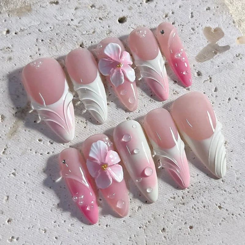3D Flower French Tip Press On Nails Almond
