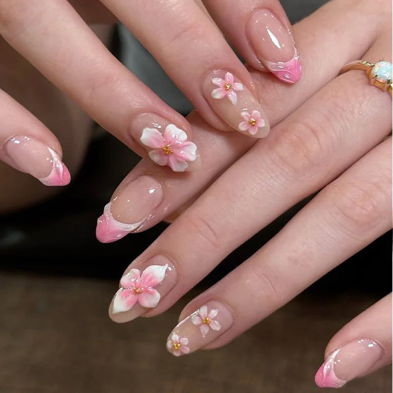 3D Flower French Tip Press On Nails Almond