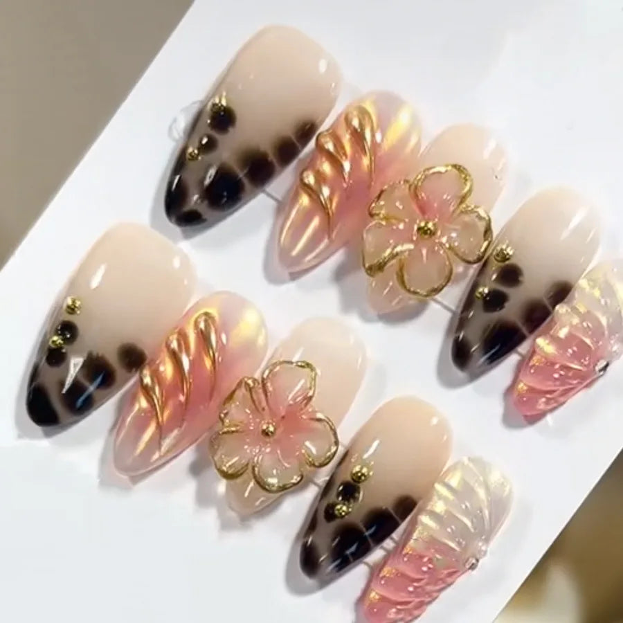 3D Flower French Tip Press On Nails Almond