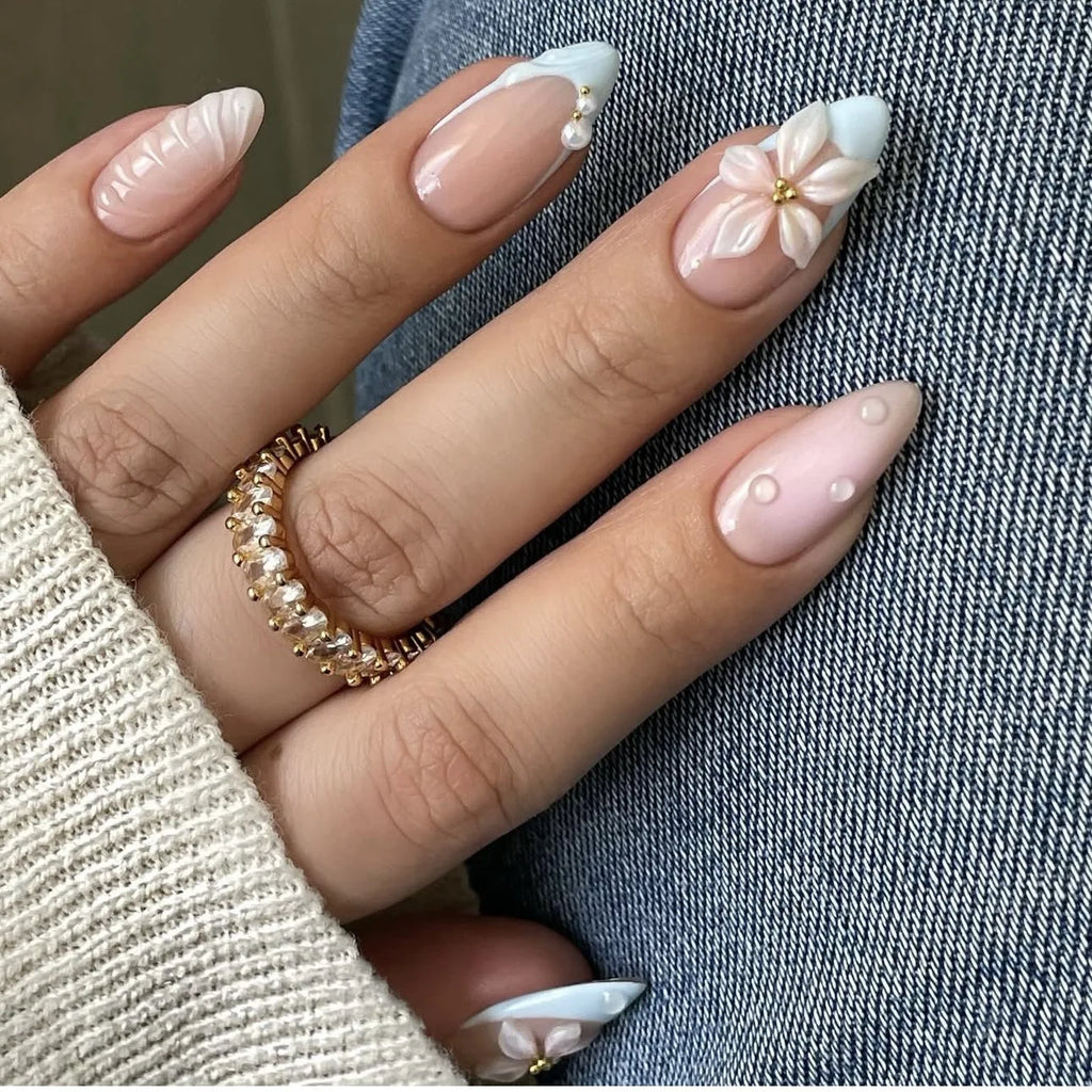 3D Flower French Tip Press On Nails Almond