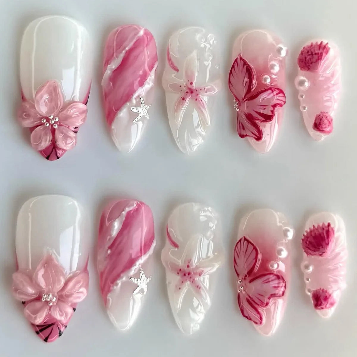 3D Flower French Tip Press On Nails Almond
