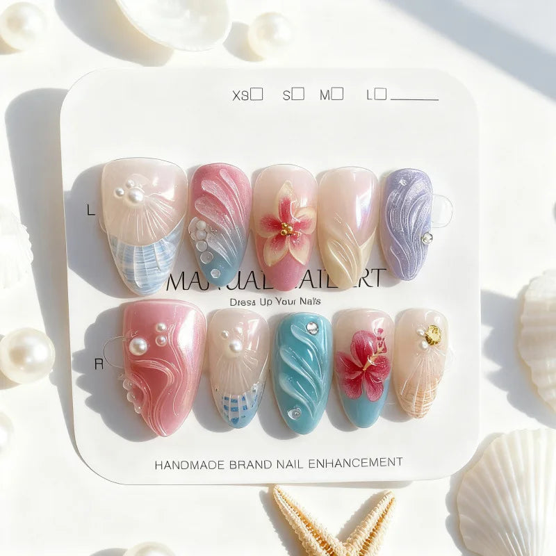 3D Flower French Tip Press On Nails Almond