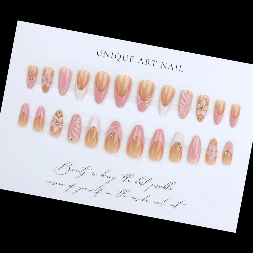 3D Flower French Tip Press On Nails Almond