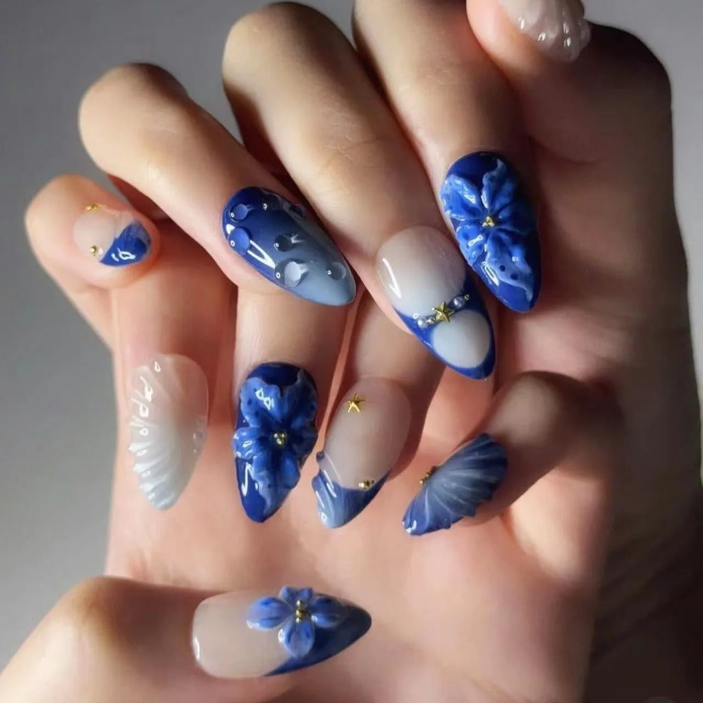 3D Flower French Tip Press On Nails Almond