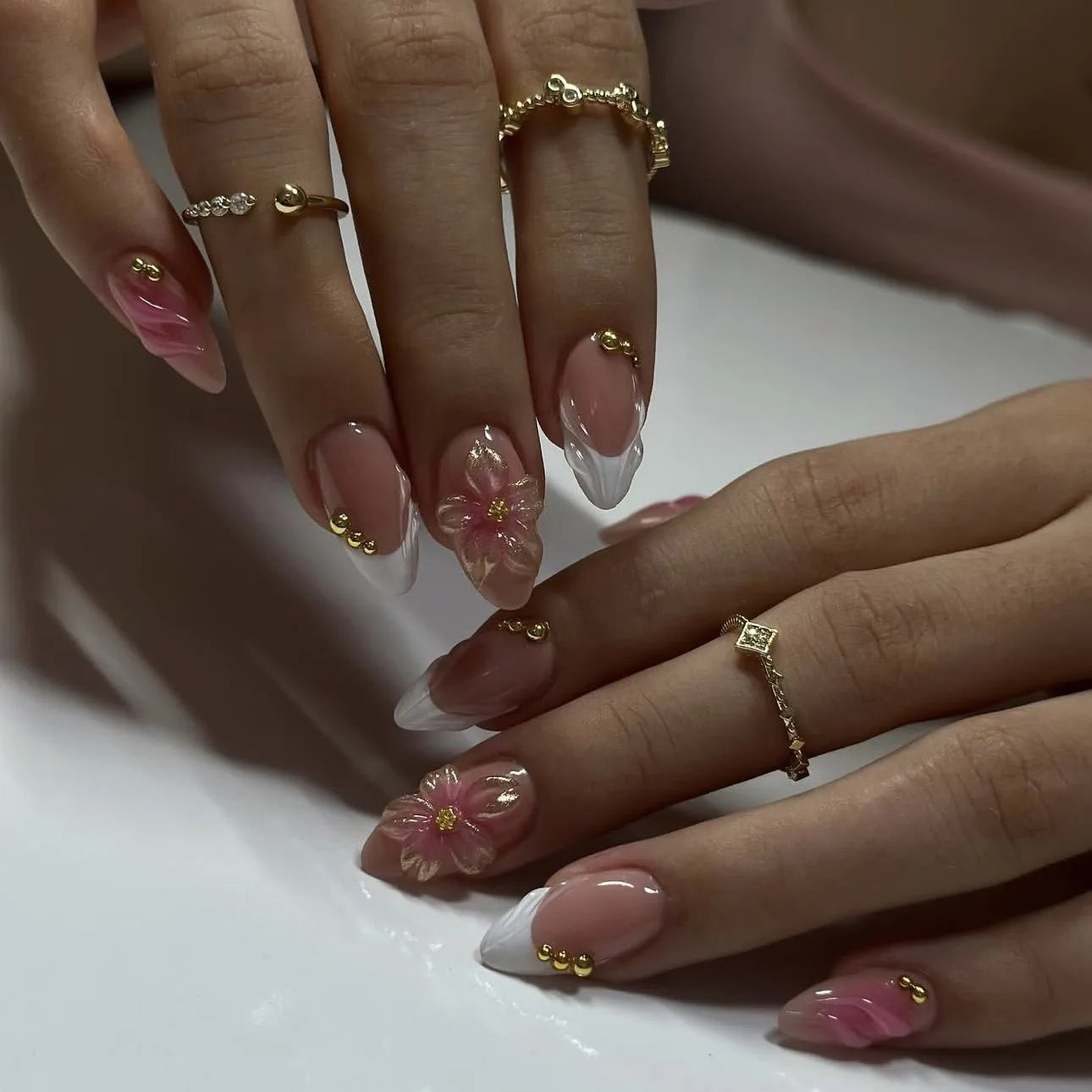 3D Flower French Tip Press On Nails Almond