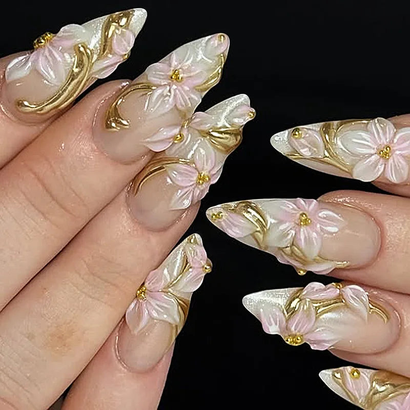 3D Flower French Tip Press On Nails Almond