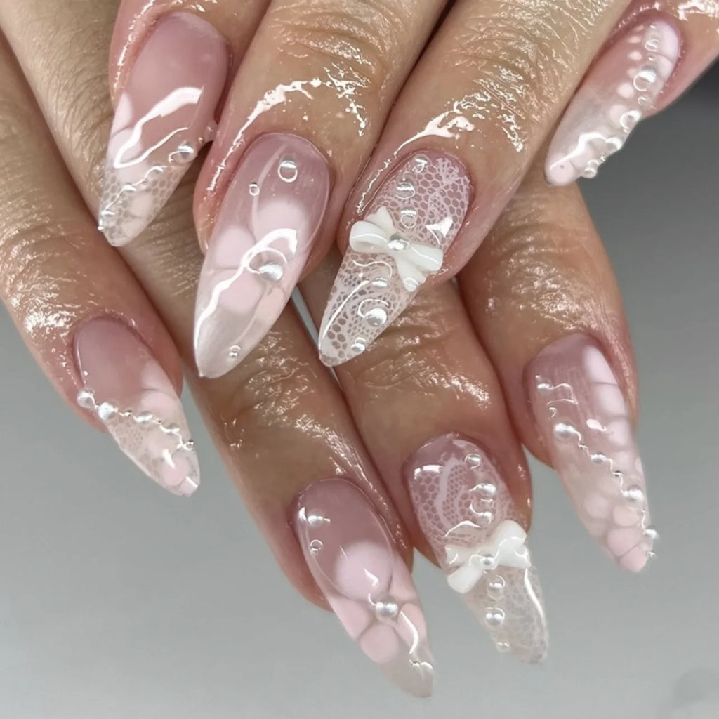3D Flower French Tip Press On Nails Almond
