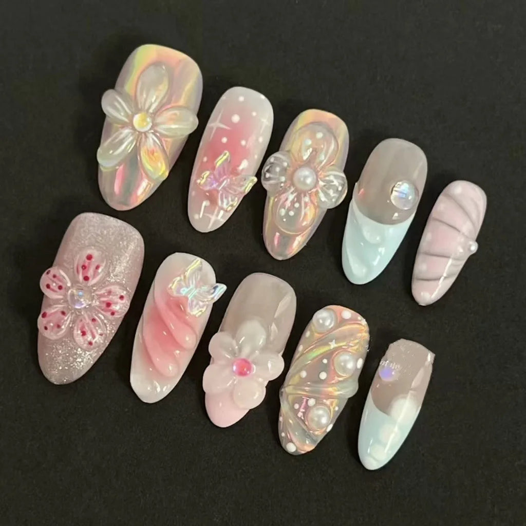 3D Flower French Tip Press On Nails Almond