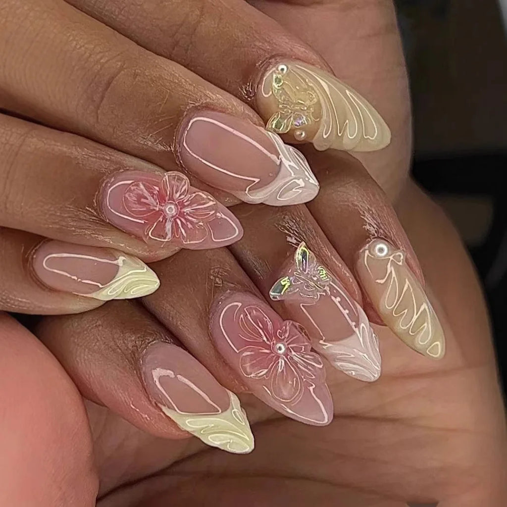 3D Flower French Tip Press On Nails Almond
