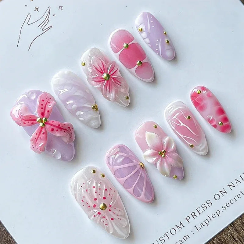 3D Flower French Tip Press On Nails Almond