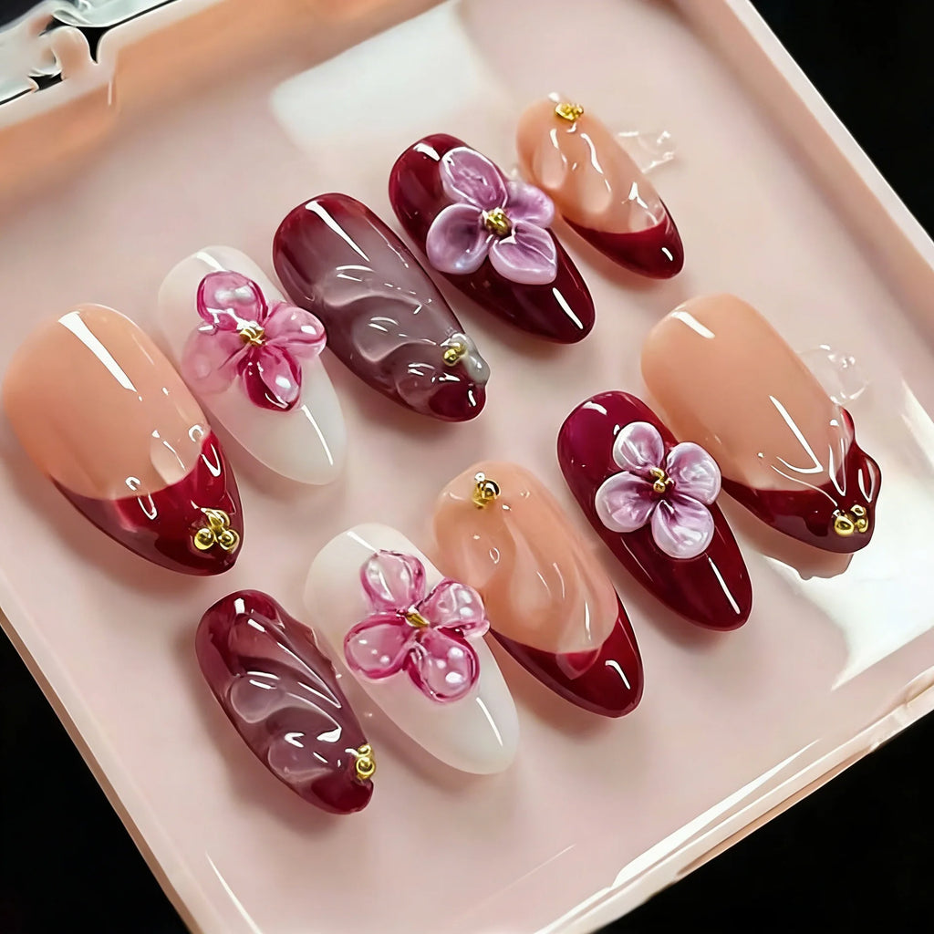 3D Flower French Tip Press On Nails Almond