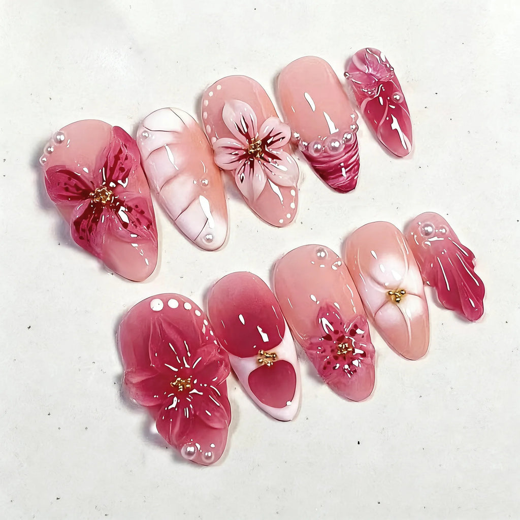 3D Flower French Tip Press On Nails Almond