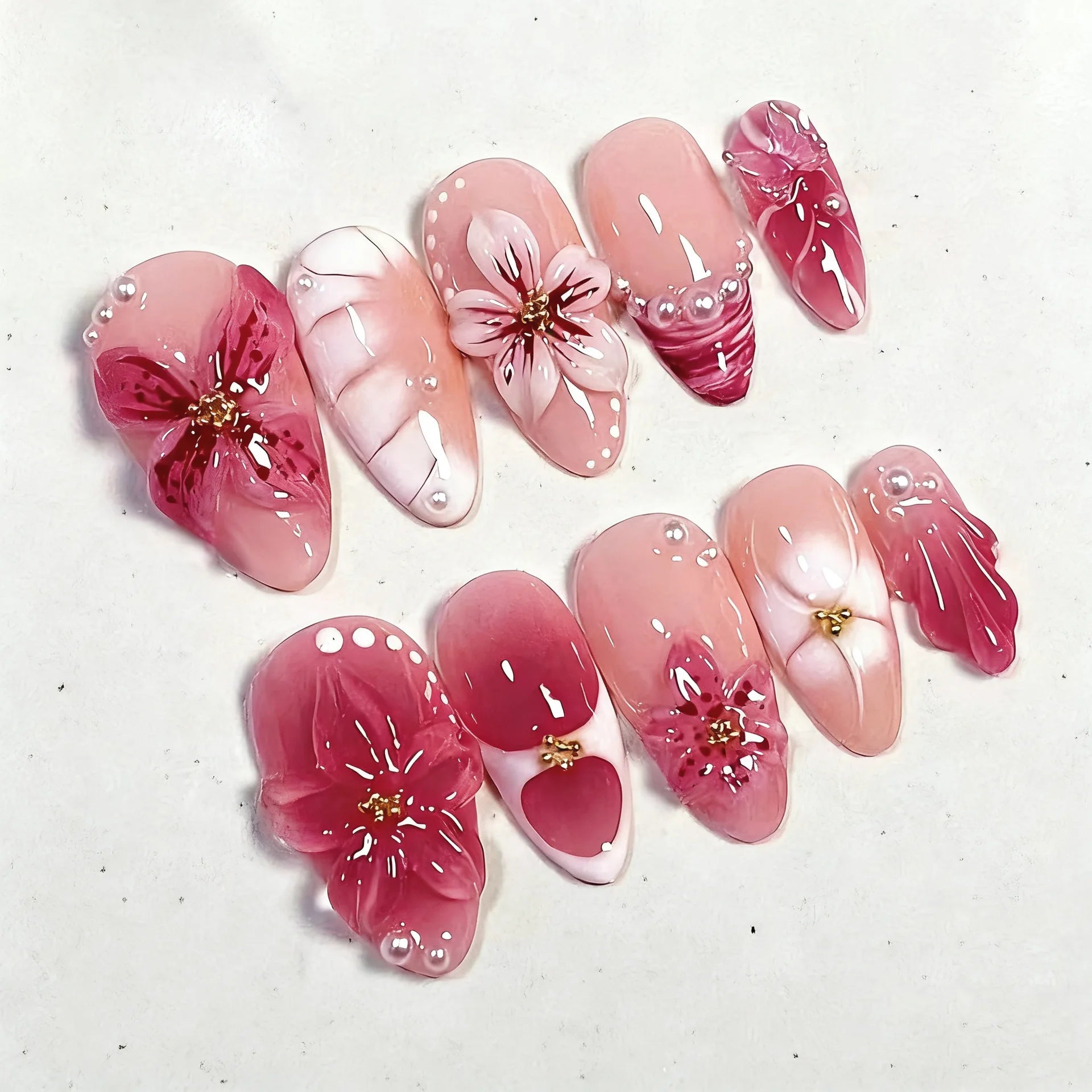 3D Flower French Tip Press On Nails Almond