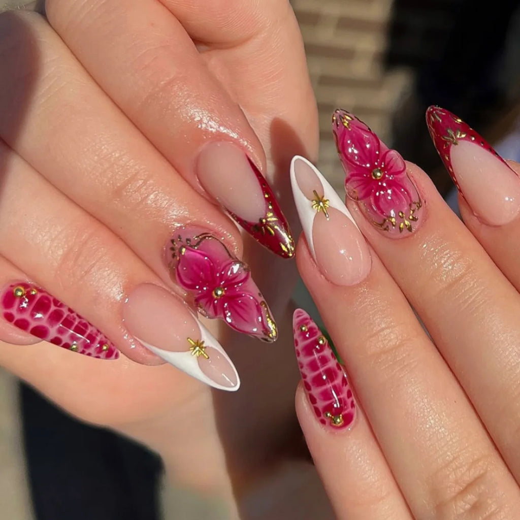 3D Flower French Tip Press On Nails Almond