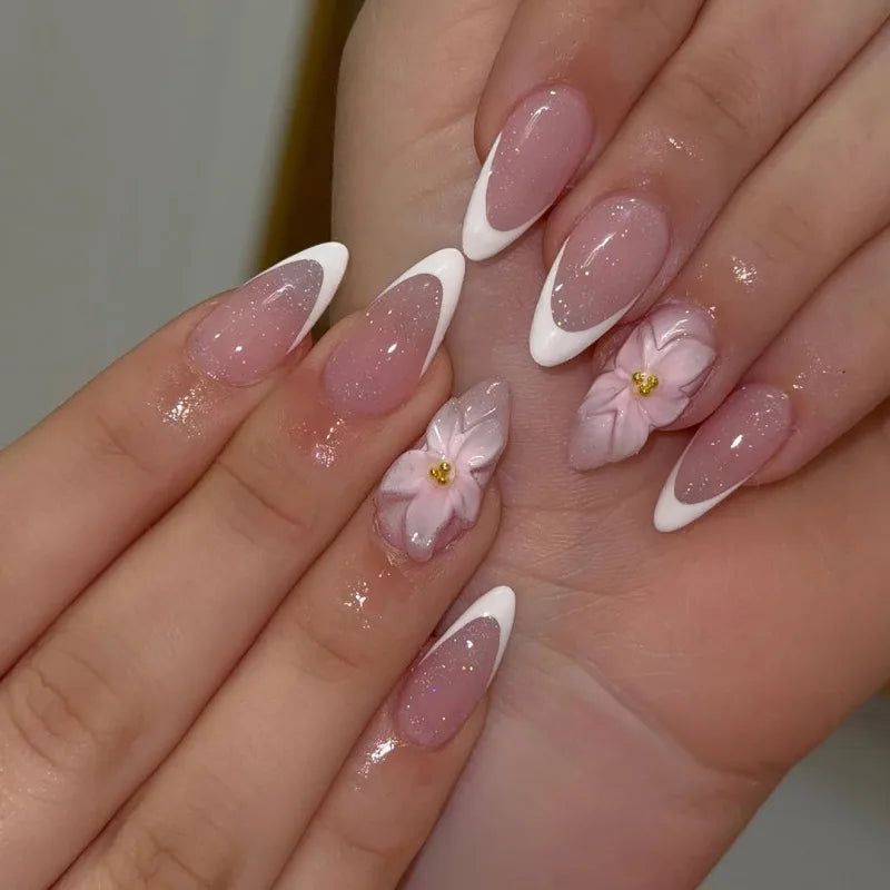 3D Flower French Tip Press On Nails Almond