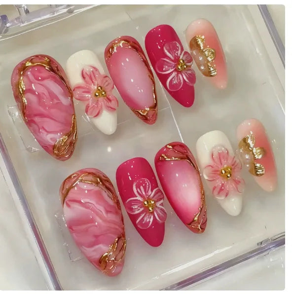 3D Flower French Tip Press On Nails Almond