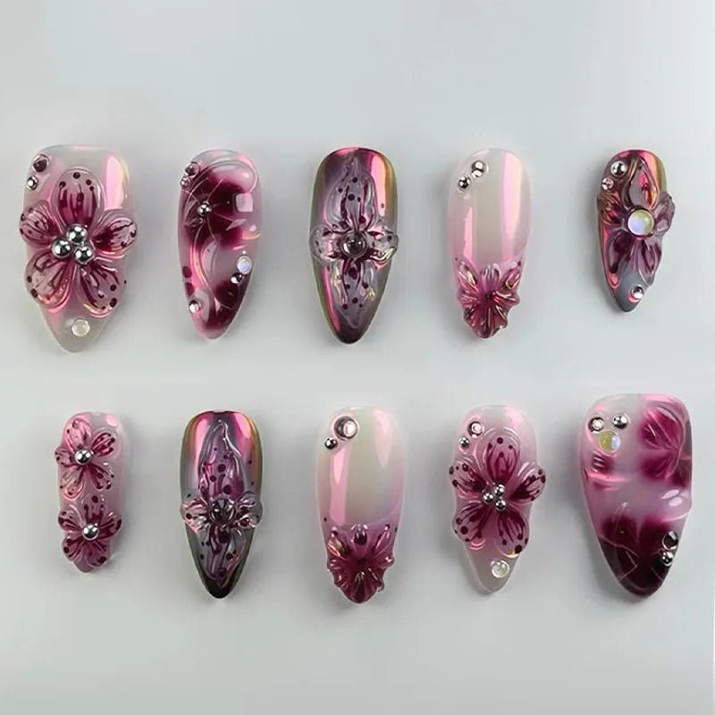 3D Flower French Tip Press On Nails Almond