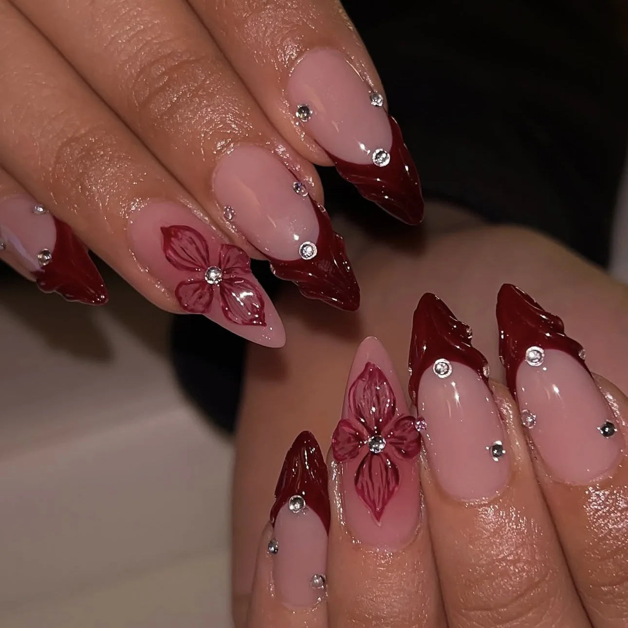3D Flower French Tip Press On Nails Almond