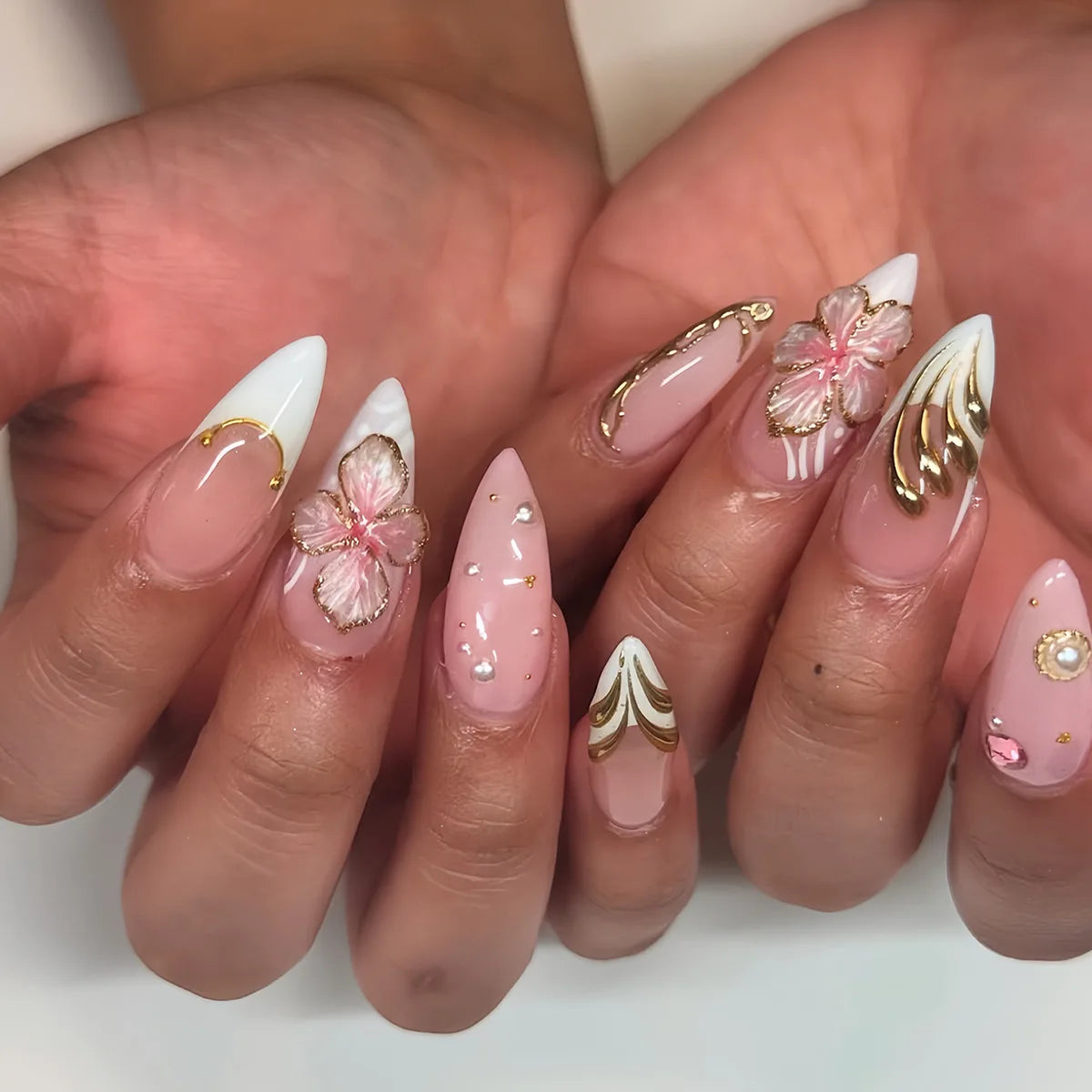 3D Flower French Tip Press On Nails Almond